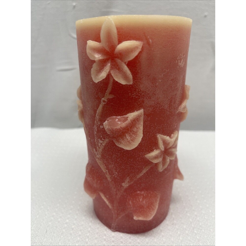 Vintage 6.5 x 3.5 Pink Yellow Raised Flowers Wax Pillar Candle Gift Unscented